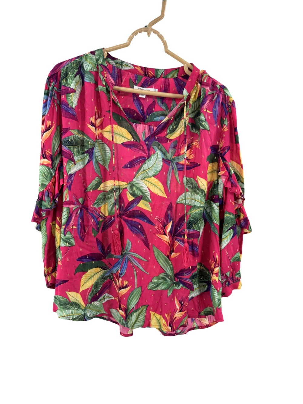 Chico's Hot Pink Floral Print popover Blouse Gold metallic Accents 1.5 tassels